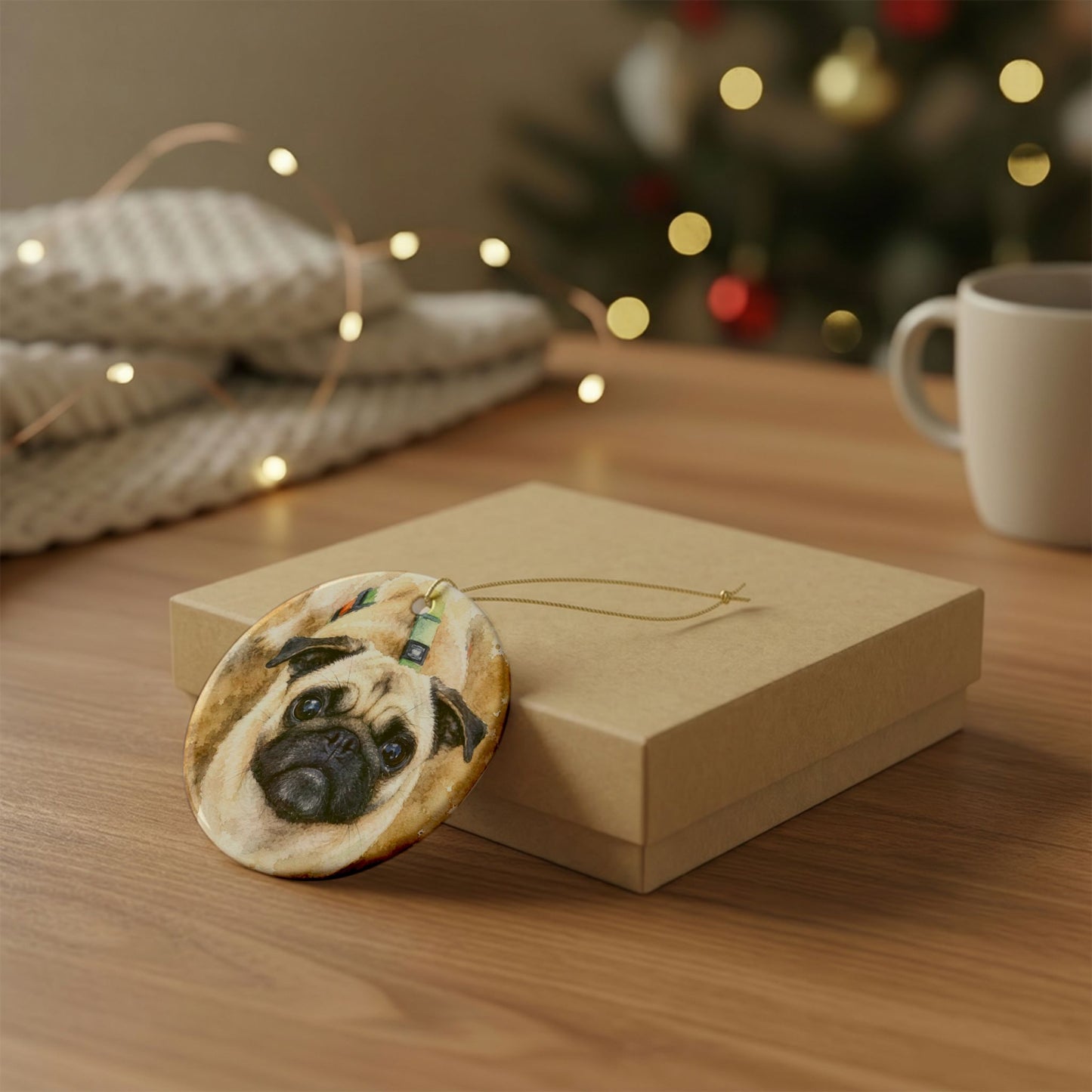 Pug Portrait Ornament | Memorial Ceramic Pet Ornament, Personalized Name & Date