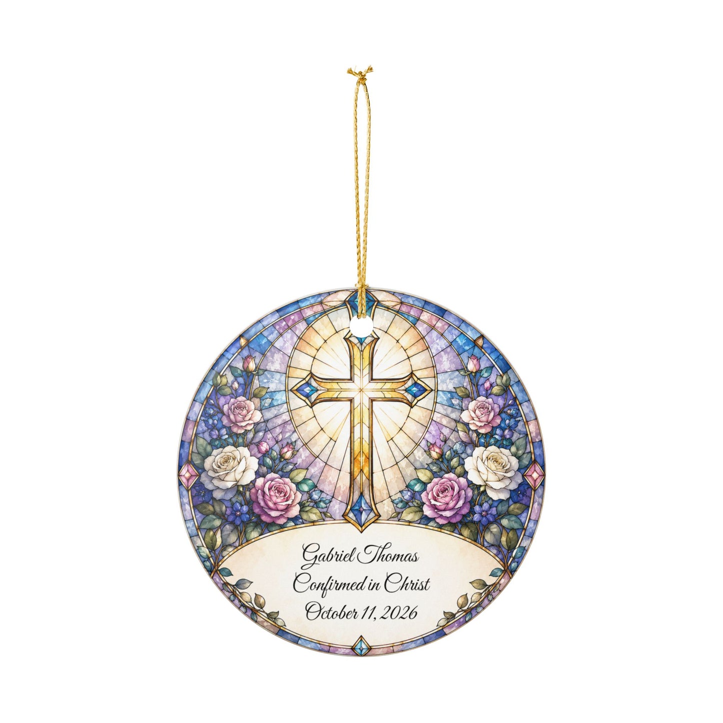 Stained Glass Baptism Ornament Personalized, Church Window Christening Keepsake with Name, Ceramic Religious Gift, Confirmation Ornament