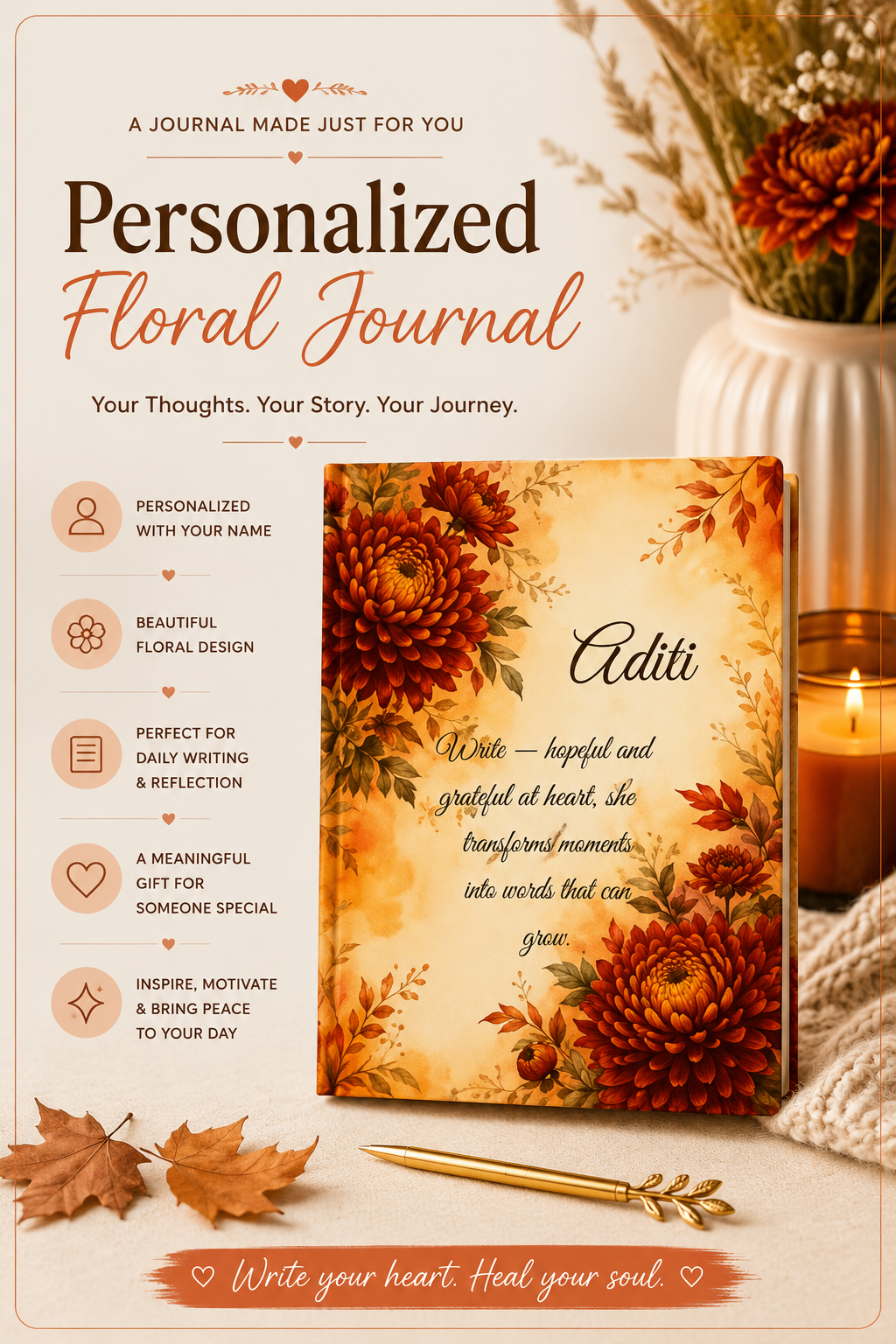 Chrysanthemum Birth Month Flower Journal Custom Name, November Birthday Thanksgiving Gift for Her, Personalized Gratitude Diary