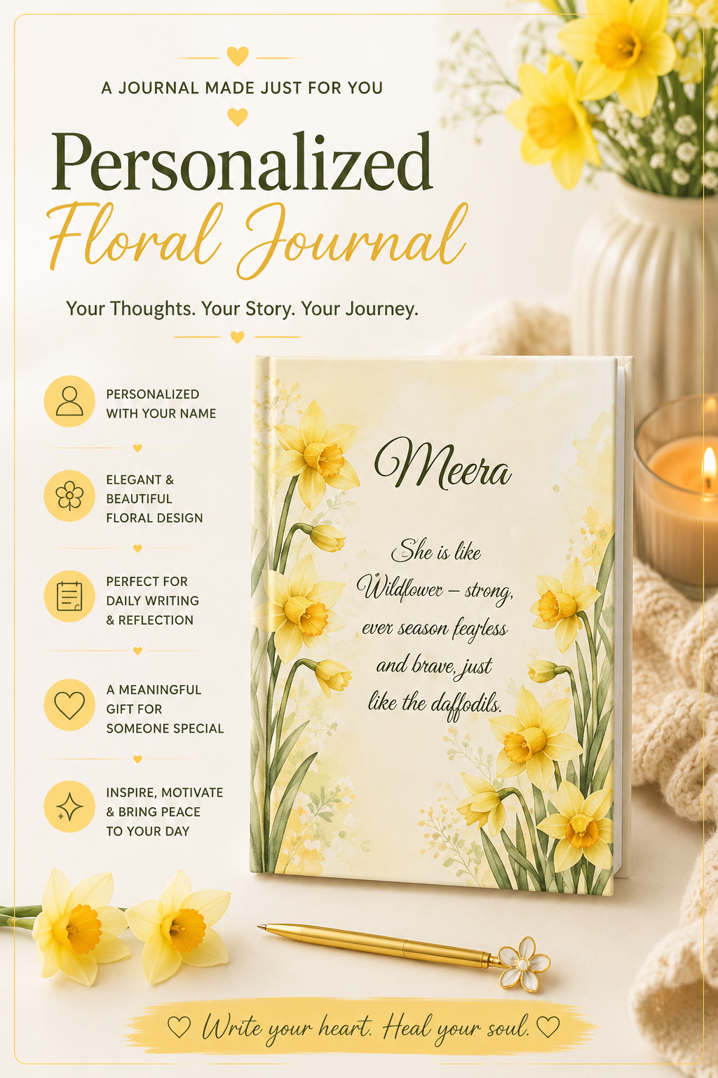 Daffodil Birth Month Flower Journal Custom Name, March Birthday New Beginnings Gift for Her, Personalized Spring Diary