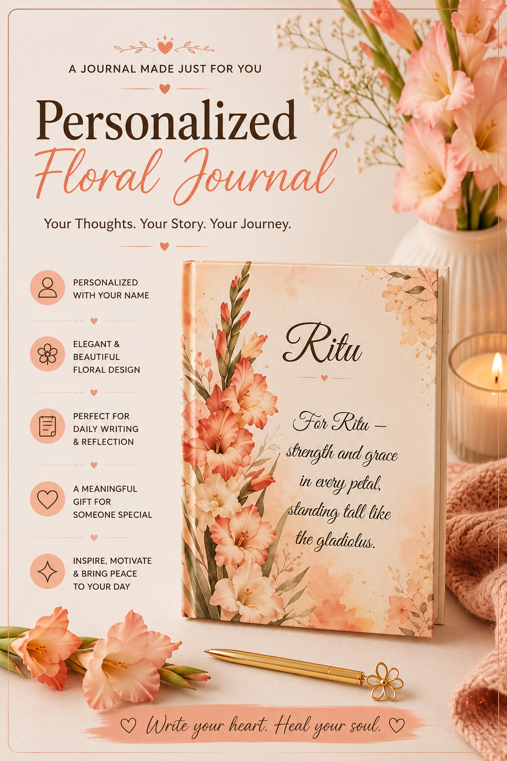 Gladiolus Birth Month Flower Journal Custom Name, August Birthday Remembrance Gift for Her, Personalized Memorial Diary