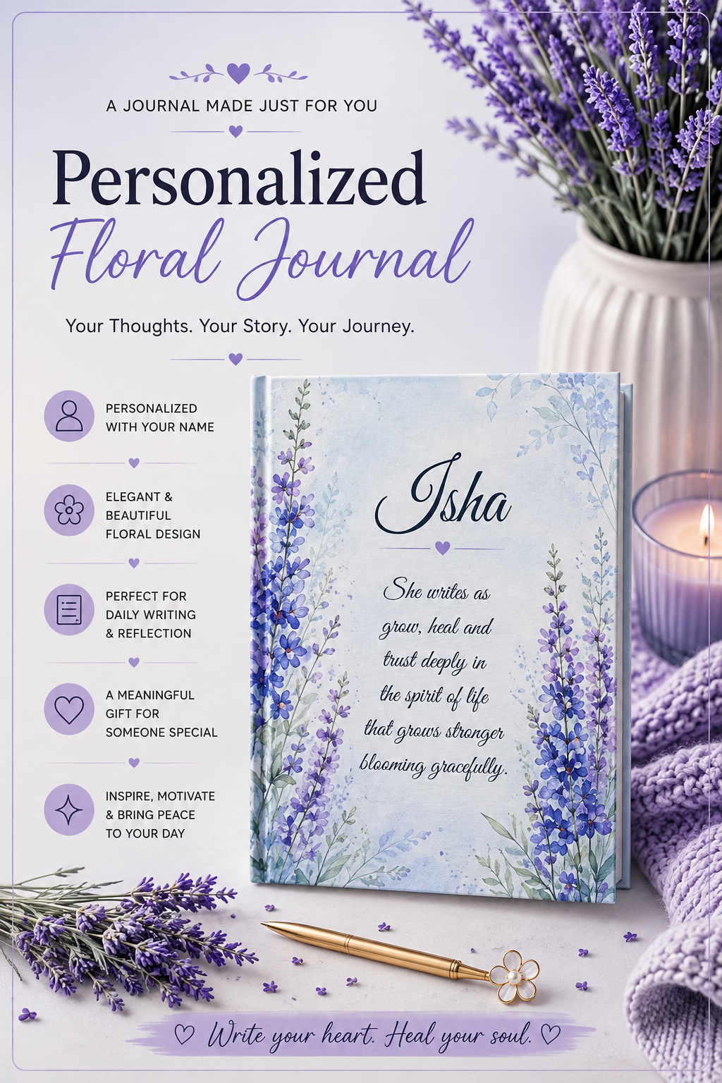 Larkspur Birth Month Flower Journal Custom Name, July Birthday Gift for Her, Rare Birth Flower Personalized Diary