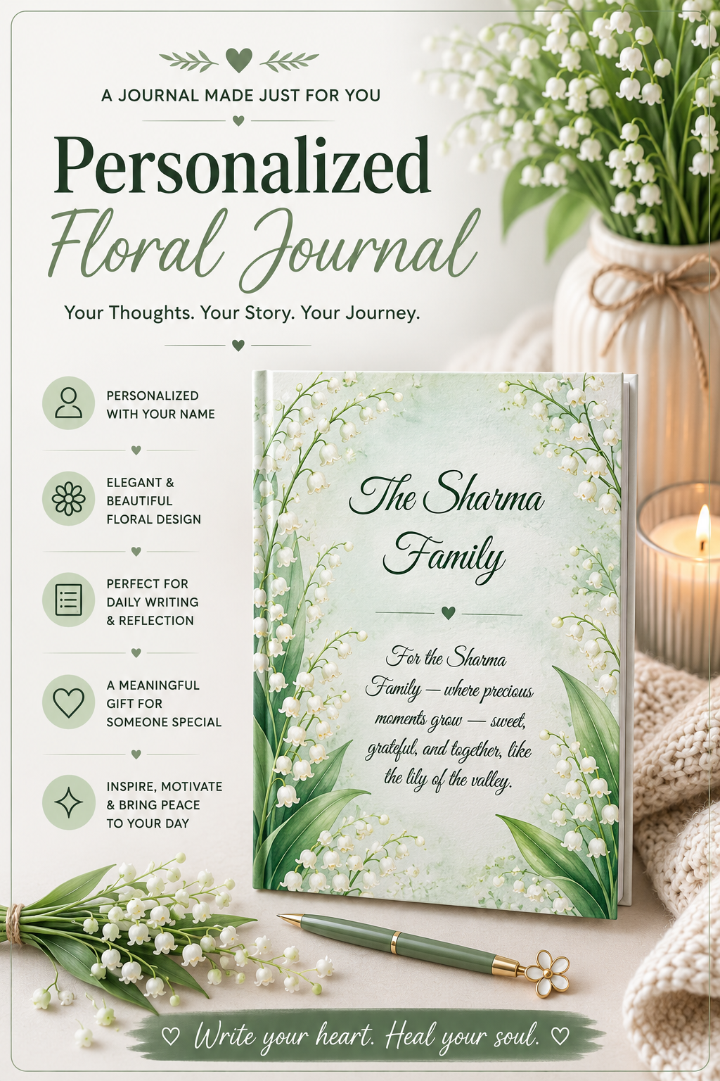 Lily of the Valley Birth Month Flower Journal Custom Name, May Birthday Mothers Day Gift for Mom, Personalized Bridesmaid Diary