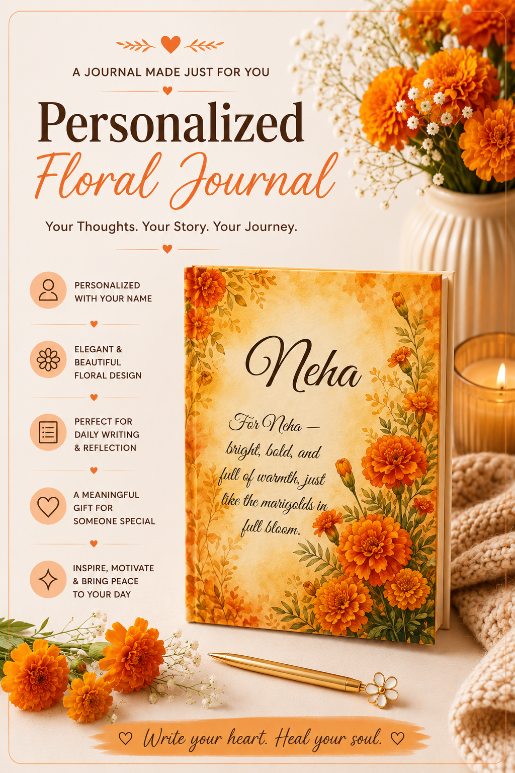 Marigold Birth Month Flower Journal Custom Name, October Birthday Autumn Gift for Her, Personalized Fall Diary