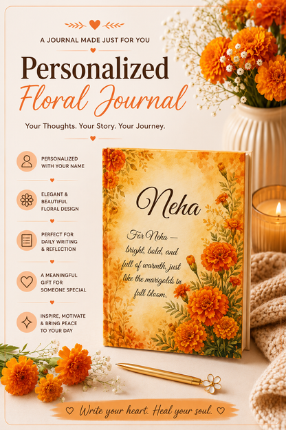 Marigold Birth Month Flower Journal Custom Name, October Birthday Autumn Gift for Her, Personalized Fall Diary