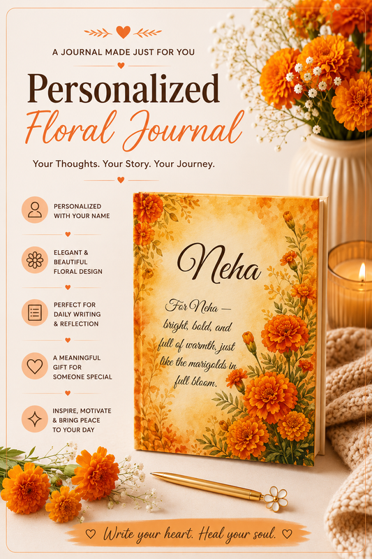 Marigold Birth Month Flower Journal Custom Name, October Birthday Autumn Gift for Her, Personalized Fall Diary