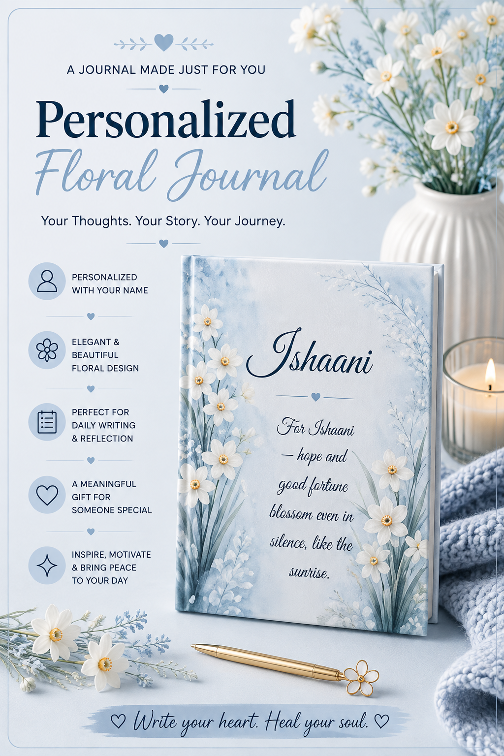 Narcissus Birth Month Flower Journal Custom Name, December Birthday Christmas Gift for Her, Personalized Holiday Diary