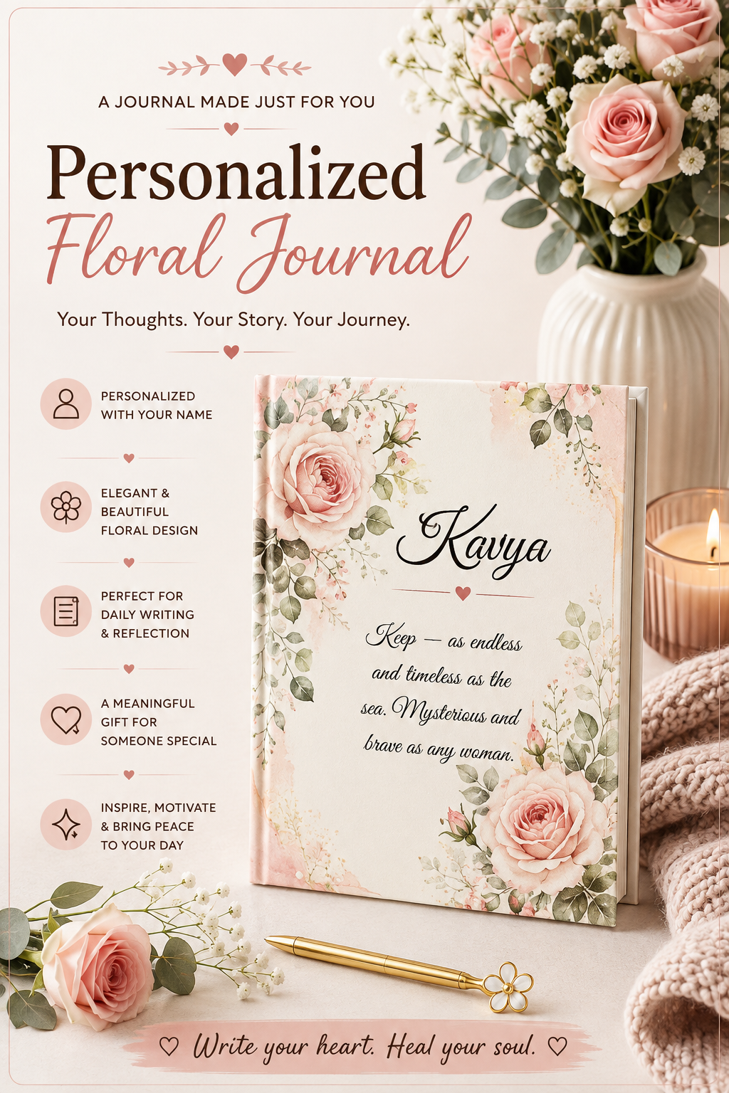 Rose Birth Month Flower Journal Custom Name, June Birthday Wedding Bridal Party Gift for Her, Personalized Luxury Diary