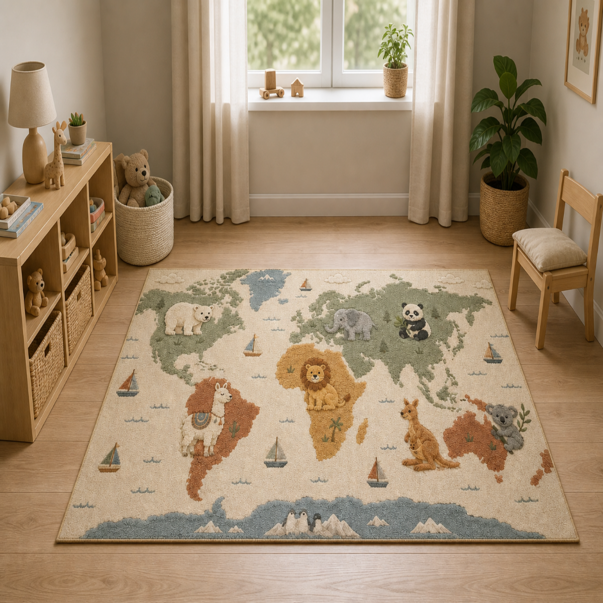 World Map Animals Washable Rug | Nursery Playroom Kids Floor Mat